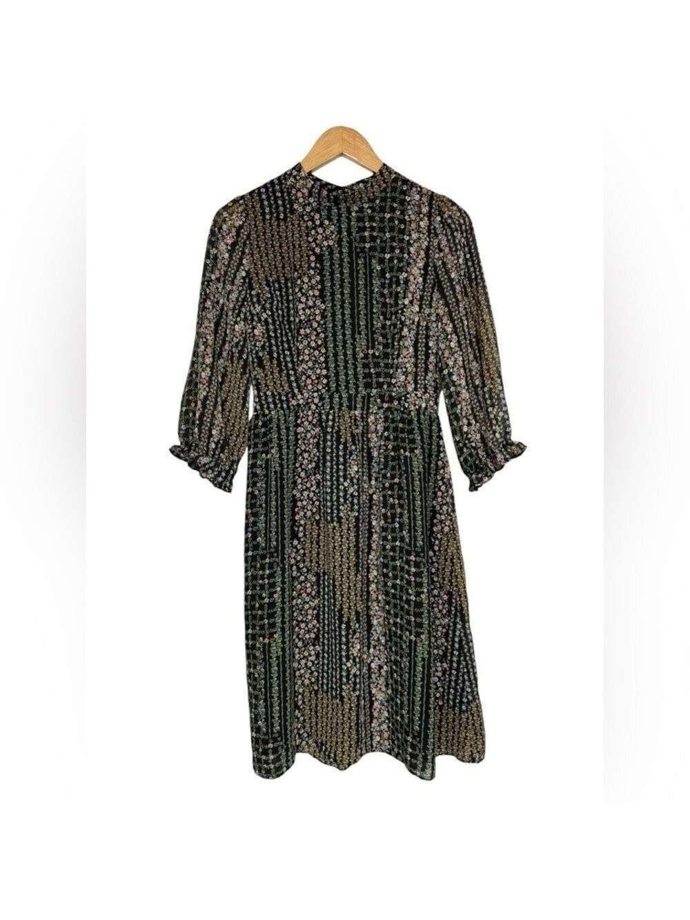 Forever 21 Black Floral Long Sleeve Midi Dress Size XS Cottagecore Prairiecore